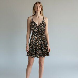 Thirty Thirty Black Sweetheart Neckline Dainty Floral Babydoll Dress Mini Ruffle